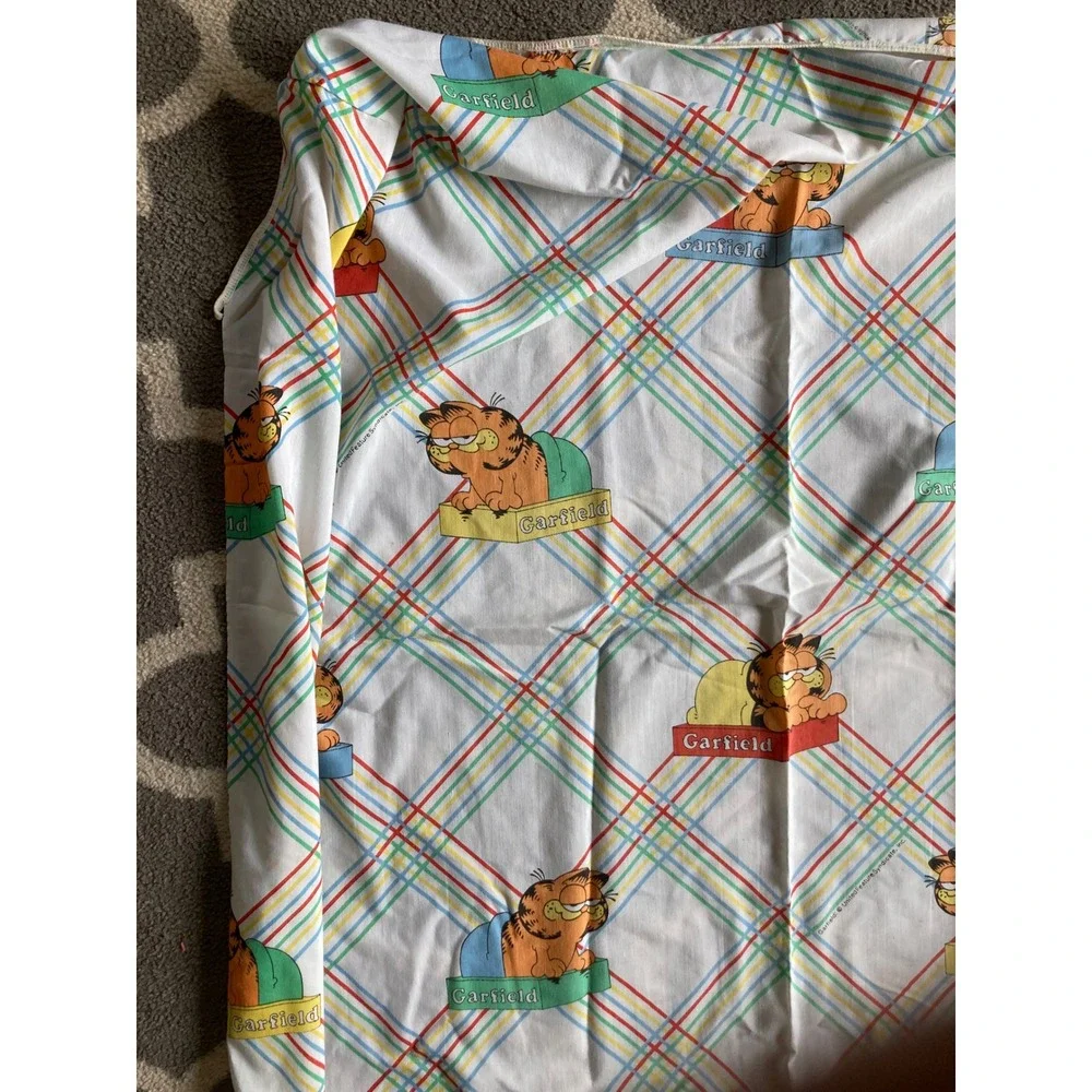 Vintage Garfield Cat Twin Flat Sheet Marlborough Rainbow Plaid Stripe USA Read‎